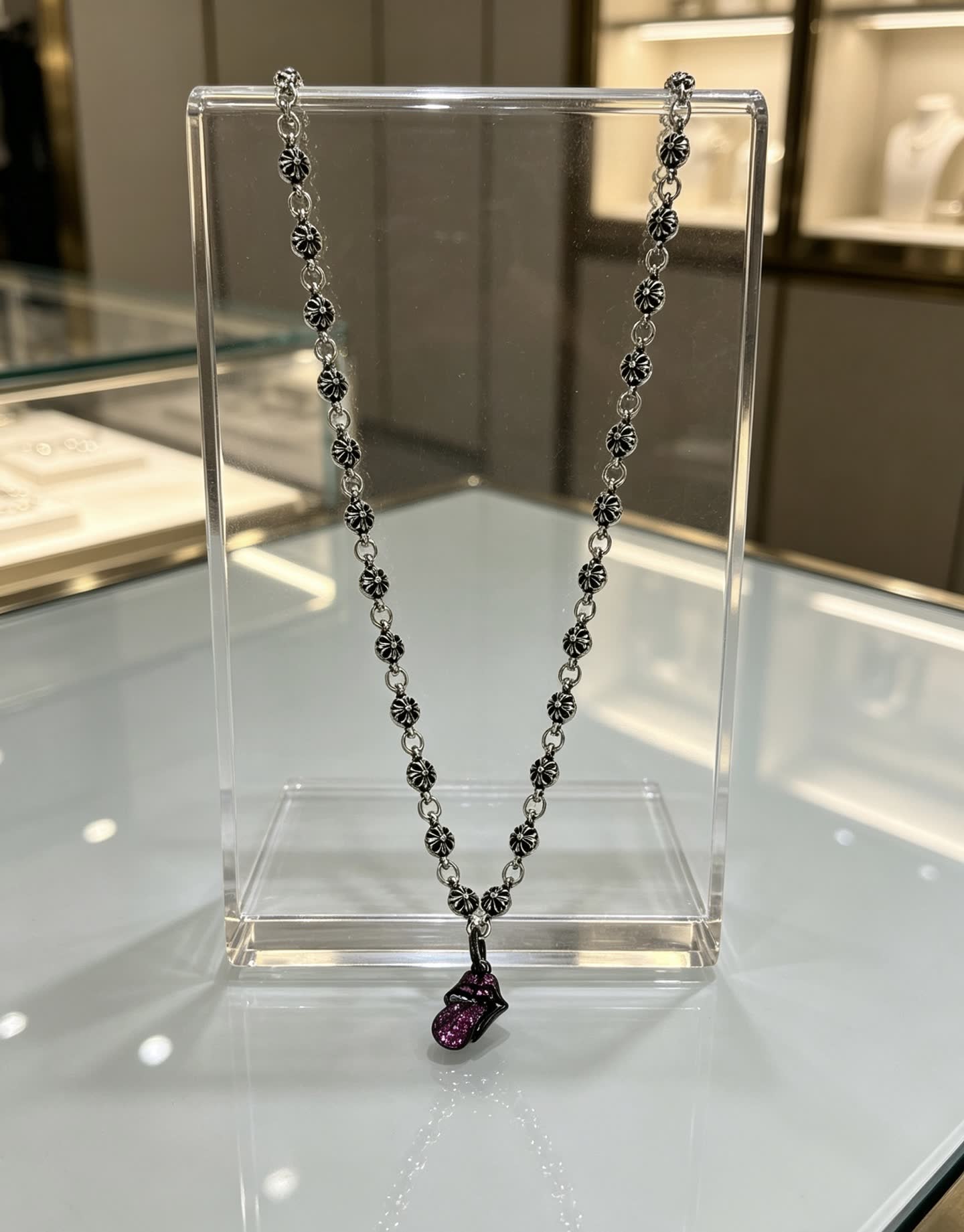 Chrome Hearts Silver Flower Chain with Pink Crystal Butterfly Pendant